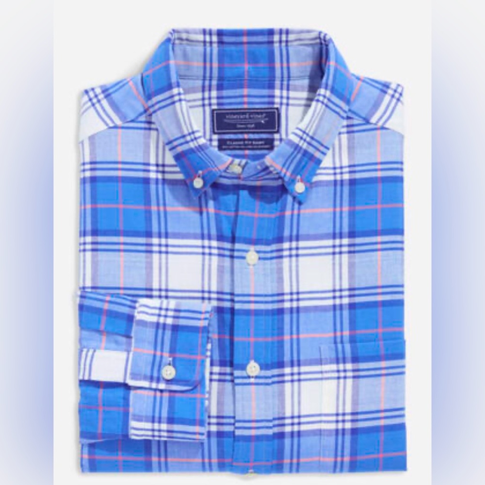 vineyard vines | Plaid Island Twill Sport Shirt | Blue / Ocean Sky | XLT